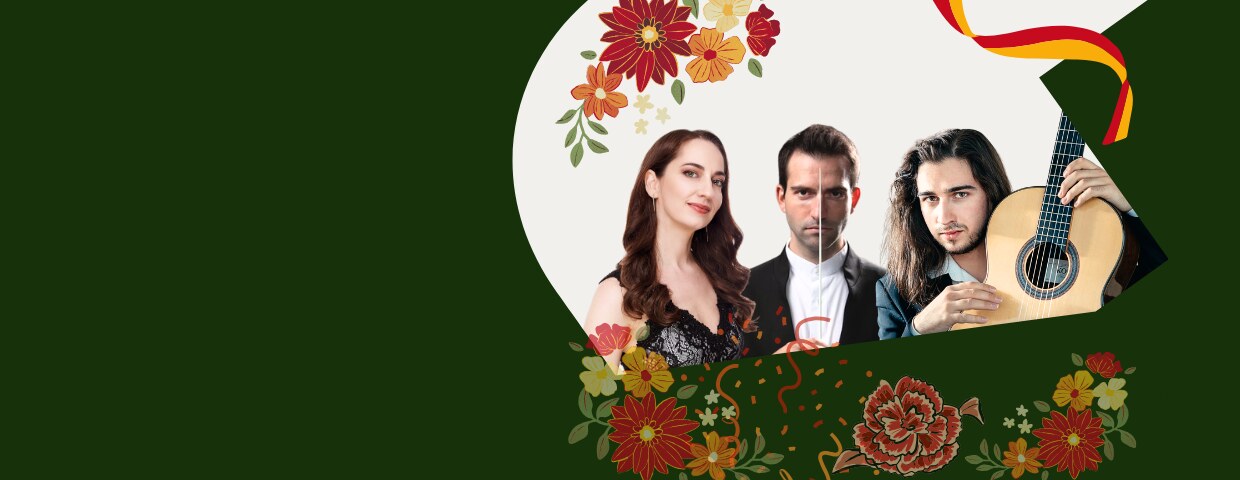 Gardens of Spain festival artwork: pianist Veneta Neynska, conductor Pablo Urbina and guitarist Georgi Dimitrov-Jojo among painted Spanish flowers