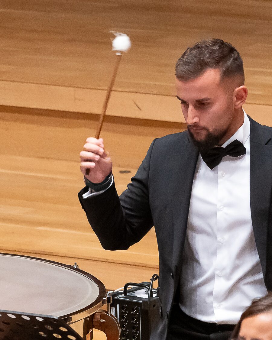 Boris Yordanov, timpani, performing at Homecoming in Bulgaria Hall