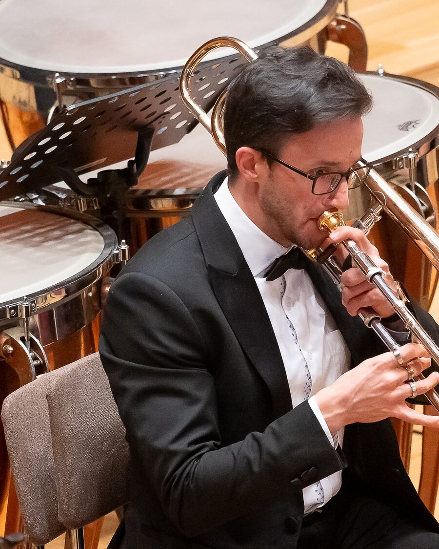 Jorge Felipe Nieto, trombone, performing at Homecoming in Bulgaria Hall