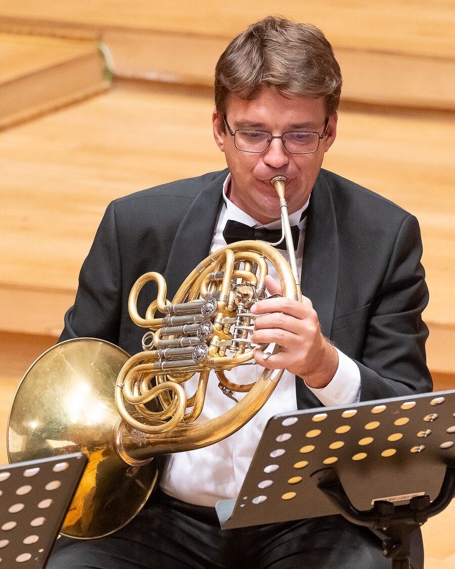 Mihail Mihaylov, french horn, performing at Homecoming in Bulgaria Hall
